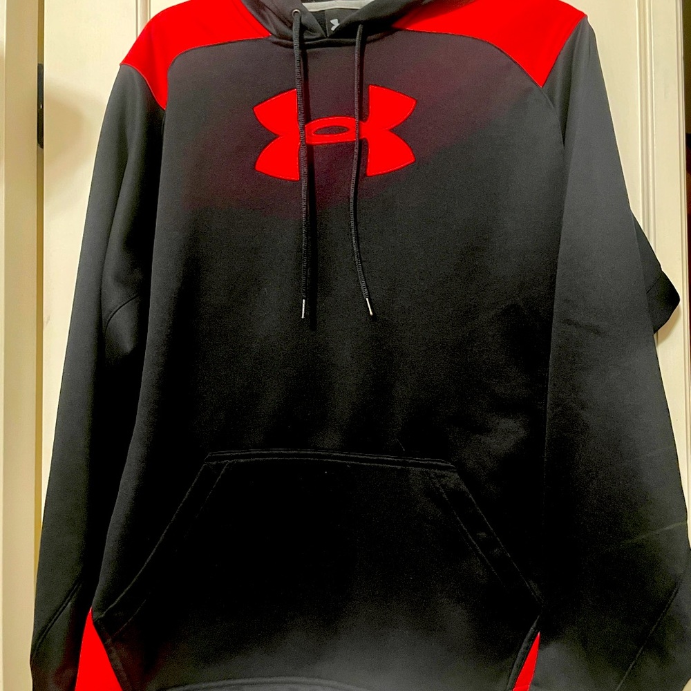 Under Armour Men’s Hoodie, Black w/ Red Accents on top, bottom, & logo, Size M